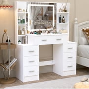 Teousev 39.4" White Makeup Vanity Table with LED Lighted Mirror, 7 Drawers No Stool