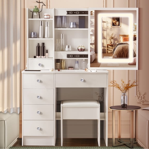 Teousev White Vanity Desk, Sliding Mirror and LED Lights, Makeup Table Set with Stool & Storage Drawers Shelves for Bedroom