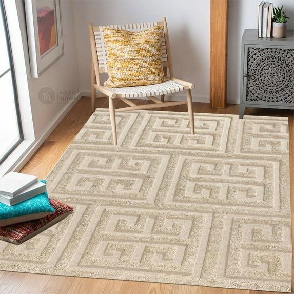 Teppich Homes Beige Geometric Pattern Wool Area Rug 7x10 - Soft Tufted Carpet for Living and Bedroom Decor