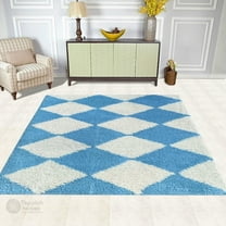 Teppich Homes Blue Geometric Pattern Wool Area Rug 5x7 - Tufted Carpet for Hallway and Bed, Living Room