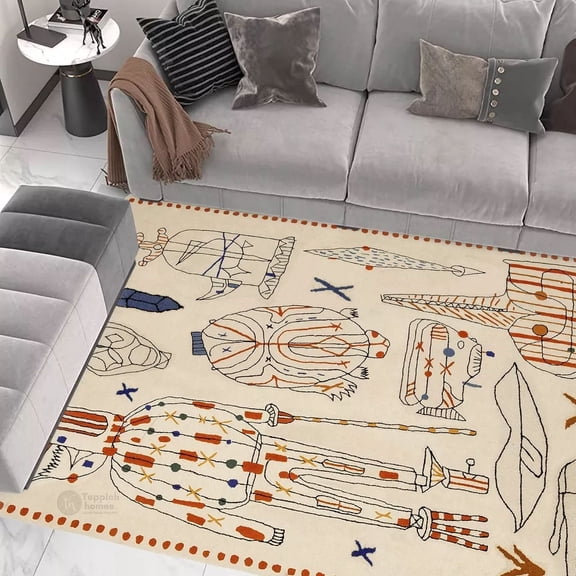 TEPPICH HOMES 7x10 Beige Area Rug – Hand Tufted Wool Cartoon Design Carpet for Kids Room & Living Room | Soft Rectangle Area Rug