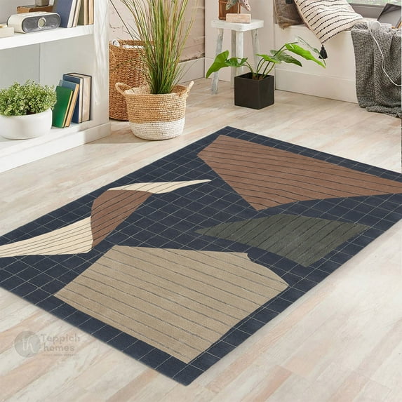 Teppich Homes Charcoal Geometric Area Rug 10x14 - Wool Tufted Carpet for Living Room And Hallway