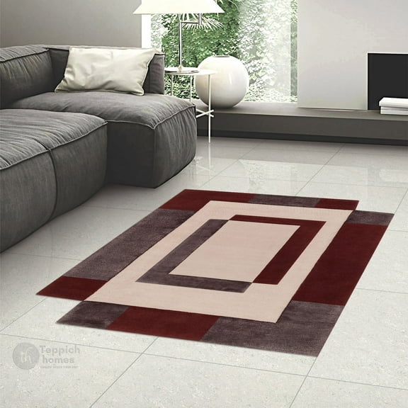 Teppich Homes Cream Geometric Pattern Tufted Area Rugs 5x7 for Living Room and Hallway - Cozy Wool Carpet