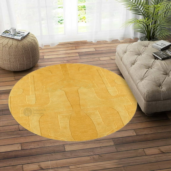 Teppich Homes Geometric Pattern Wool Area Rug 9x9 – Tufted Carpet in Bright Yellow for Hallway and Living Room