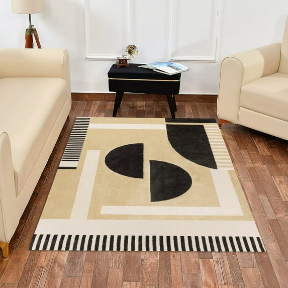 Teppich Homes Handmade 5x8 Geometric Pattern Area Rug - Beige and Black Tufted Wool Carpet for Living Room and Hallway - Stylish & Cozy Accent