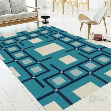 Teppich Homes Handmade 6x8 Area Rug - Tufted Blue Wool Carpet for Living Room and Kids' Rooms - Soft and Durable Design