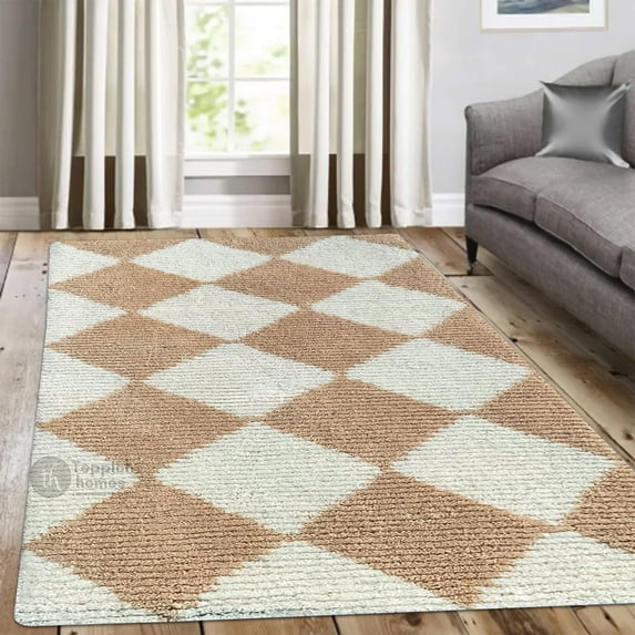 Teppich Homes Handmade 6x8 Cream Wool Tufted Rug with Geometric Pattern - Soft Living Room Kid’s Room Carpet