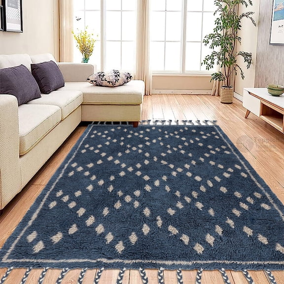 Teppich Homes Handmade 8x13 Area Rug - Tufted Blue Wool Carpet for Living Room and Kids' Rooms - Soft and Durable Design