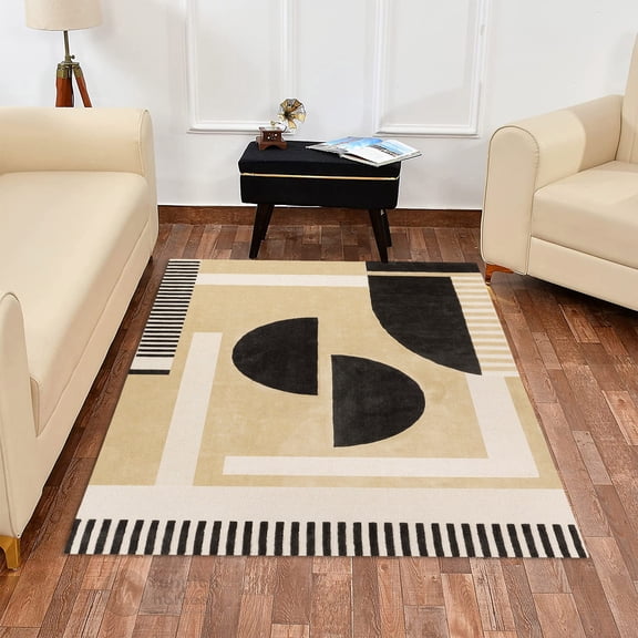 Teppich Homes Handmade 9x10 Geometric Pattern Area Rug - Beige and Black Tufted Wool Carpet for Living Room and Hallway - Stylish & Cozy Accent
