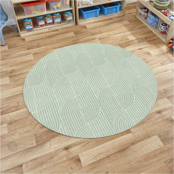 Teppich Homes Handmade Geometric Pattern Round Rug 5x5 - Green Tufted Wool Area Carpet for Living Room and Hallway