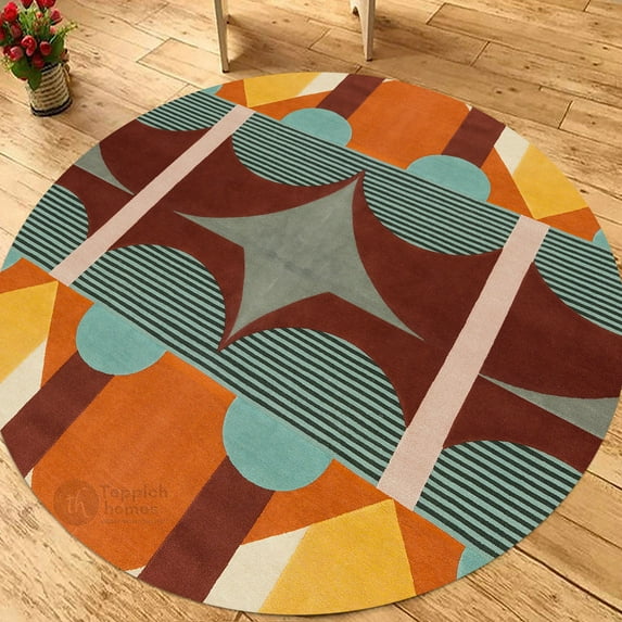 Teppich Homes Handmade Geometric Pattern Wool Rug - 14x14 Tufted Round Carpet for Living Room And Hallway