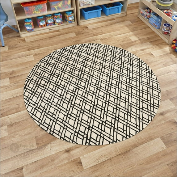 Teppich Homes Handmade Round Geometric Pattern Rug 7x7 - Black and Cream Tufted Wool Carpet for Living Room And Hallway