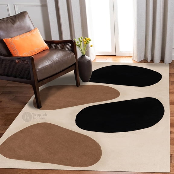 Teppich Homes Soft Beige Geometric Pattern Wool Rug 5x7 - Cozy Tufted Area Carpet for Living Room And Bedroom