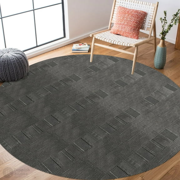 Teppich Homes Soft Black Wool Tufted Geometric Pattern Round Area Rug 5x5 for Living Room And Hallway