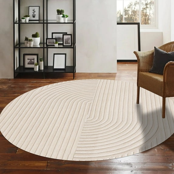 Teppich Homes Soft Cream Geometric Wool Round Rug 9x9 - Tufted Area Carpet for Hallway And Living Room