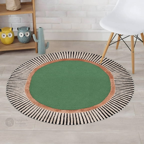Teppich Homes Soft Handmade Geometric Pattern Wool Round Rug 5x5 for Kids’ Rooms - Cozy Green Tufted Carpet