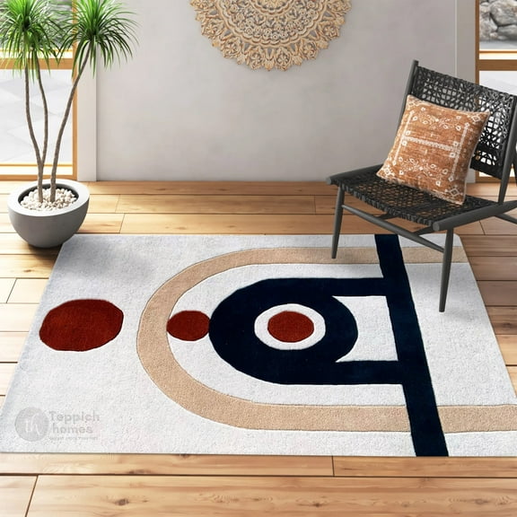 Teppich Homes Soft White Geometric Wool Area Rug 5x7 - Tufted Carpet for Living Room And Bedroom