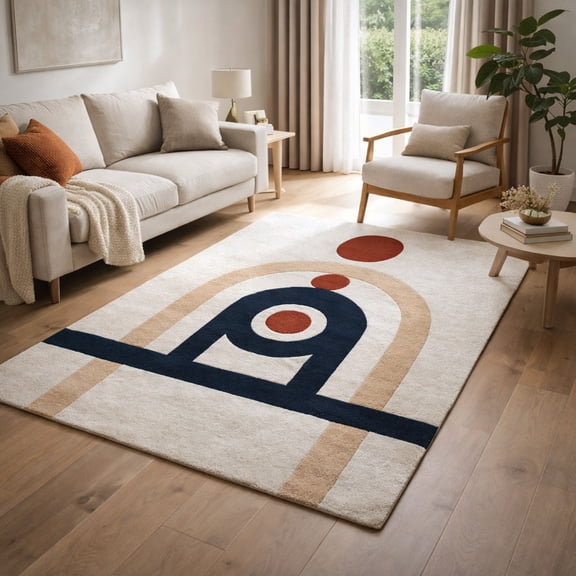 Teppich Homes Soft White Geometric Wool Area Rug 5x7 – Tufted Carpet for Living Room & Bedroom | Plush Soft White Wool Rectangle Floor Rug