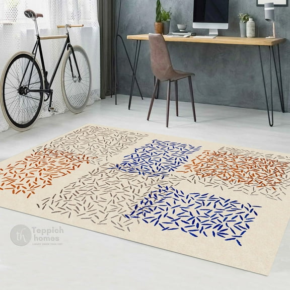 Teppich Homes Wool Geometric Pattern Rug 8x10 - Stylish Area Rug for Living Room And Bedroom - Tufted Carpet