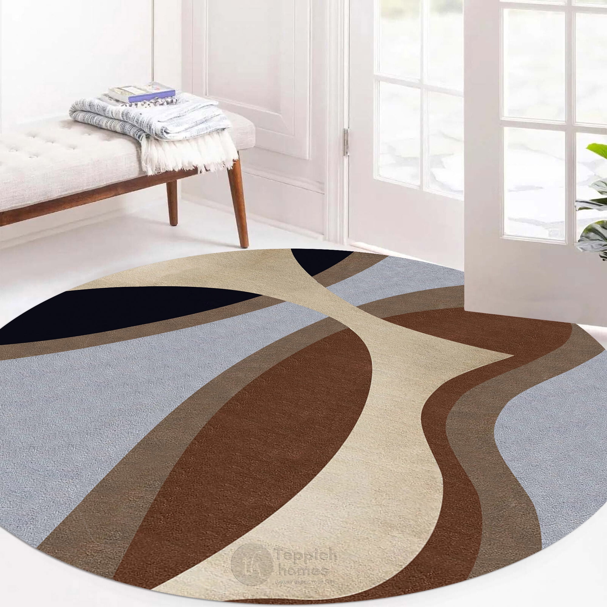 Teppich Homes Wool Round Area Rug - 12x12 Geometric Pattern for Living ...