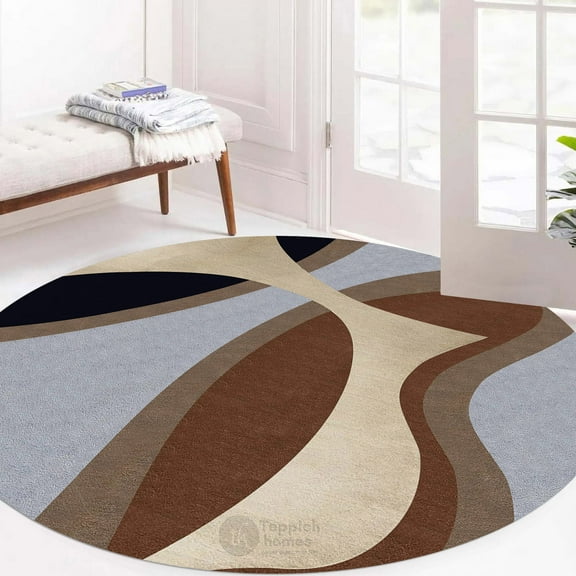 Teppich Homes Wool Round Area Rug - 5x5 Geometric Pattern for Living Room And Hallway