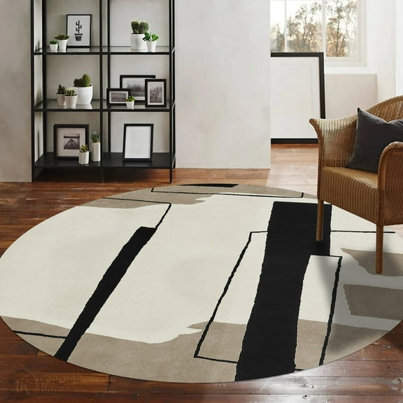 Teppich Homes Wool Tufted Geometric Pattern Round Rug – 15x15 Living Room And Bedroom Carpet – Cozy and Stylish Home Décor
