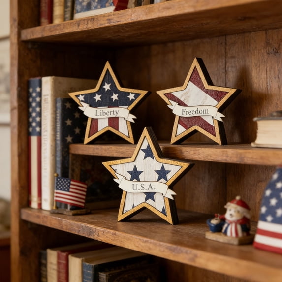 Tepsmf 4th of July Decorations Wooden Stars, Patriotic Memorial Day Star Tiered Tray Decor Set of 3, Fourth of July Red White Blue Decoration for Home Office Table Shelf