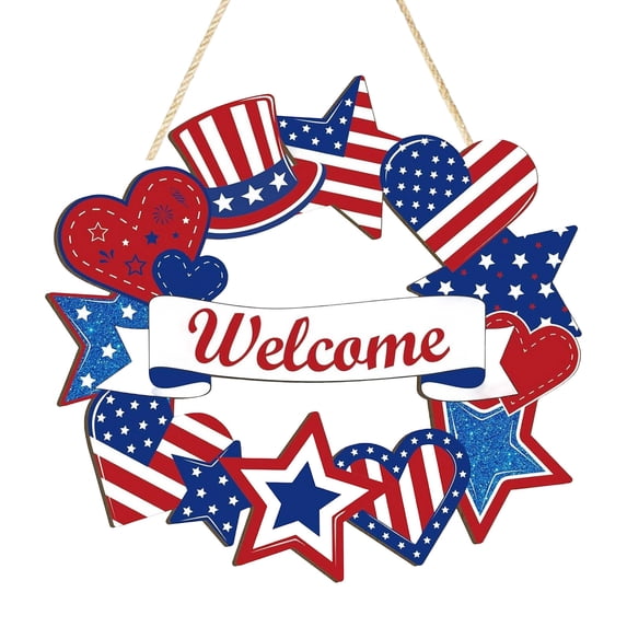 Tepsmf 4th of July Patriotic Wreath Welcome Sign Wooden 4th of July Wreaths for Front Door Decorations Memorial Day Fourth of July Hanging Sign for Wall Indoor Home Decor