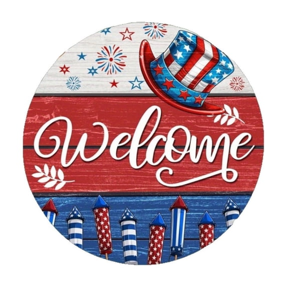 Tepsmf 4th of July Welcome Wooden Door Hanger Patriotic Round Hanging Sign with Hat and sparklers for Front Door Independence Day Decor