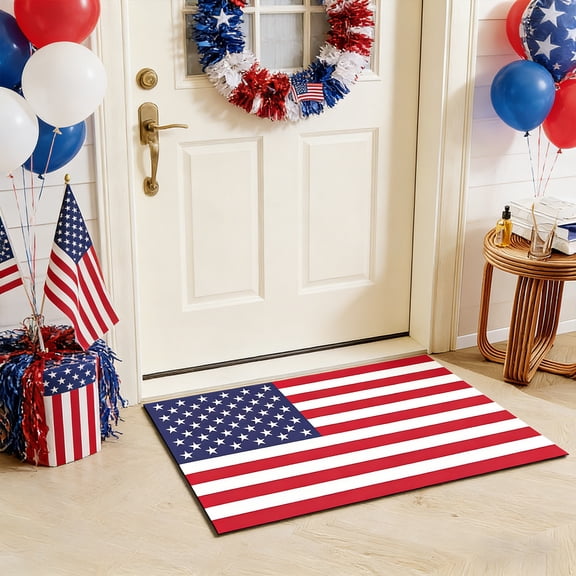 Tepsmf American Flag Area Rug 23.6x15.7, United States Rug USA Federations Stars Carpet, Geometric Stripes Non Slip Blue White and Red Decorative Rug for Bedroom