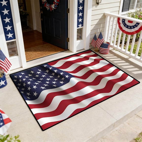 Tepsmf American Flag Area Rug 23.6x15.7, United States Rug USA Federations Stars Carpet, Geometric Stripes Non Slip Blue White and Red Decorative Rug for Bedroom