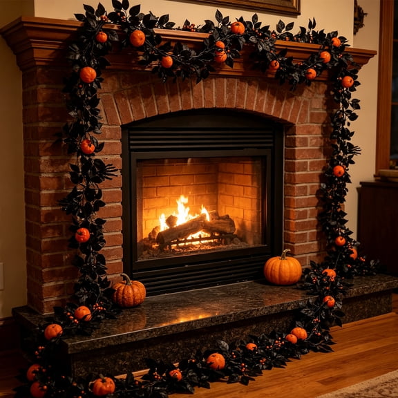 Tepsmf Black Artificial Maple Leaf Garland Halloween Gothic Decor With Pumpkin Skeleton Hand Indoor Hanging Party Display