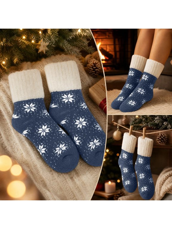 Tepsmf Christmas Snowflake Socks Fleece-Lined Mid-Calf Warm Winter Cotton Socks for Men Women Holiday Gift