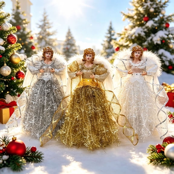 Tepsmf Elegant Christmas Tree Topper 12 IN Decorative Angel Figurine with Glittering Gown for Holiday Tree Decor Tabletop Centerpiece Display