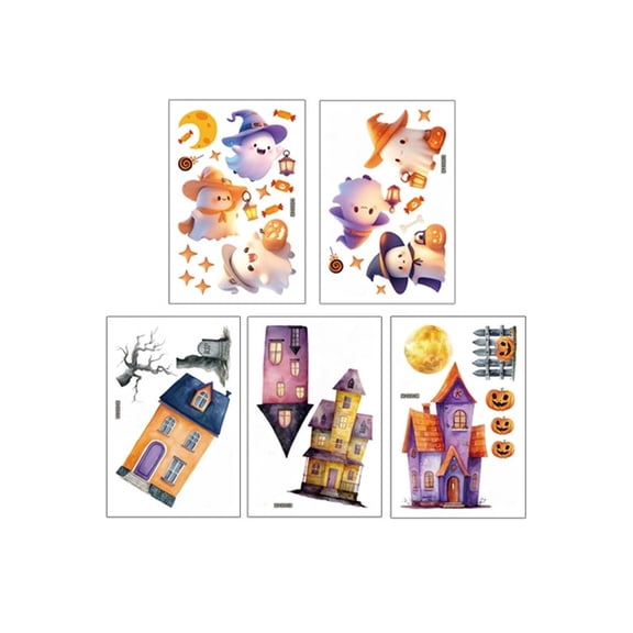 Tepsmf Halloween Adhesive-Free Window Stickers, Araneid Ghosts Kittens Skeletons Cute Decals, Festive Party Home Decor