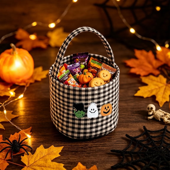 Tepsmf Halloween Plaid Fabric Storage Basket Ghost Pumpkin Decorative Holiday Handheld Organizer for Candy Treats