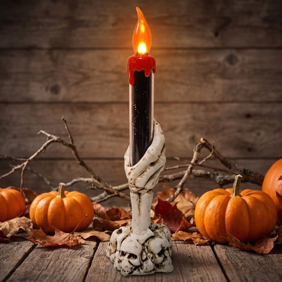 Tepsmf Halloween Skeleton Hand LED Candle Spooky Skull Base Flameless Electronic Light Dripping Effect Gothic Tabletop Decor