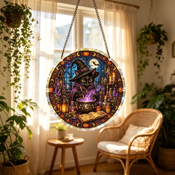 Gothic Display Sign Tepsmf Halloween Witch Acrylic Hanging Sign Round Stained Glass Style ...