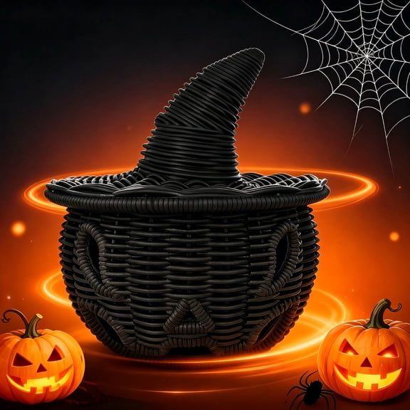 Tepsmf Handwoven Halloween Pumpkin Basket Witch Themed Storage Bin Candy Tote Bag For Treats Home Decor