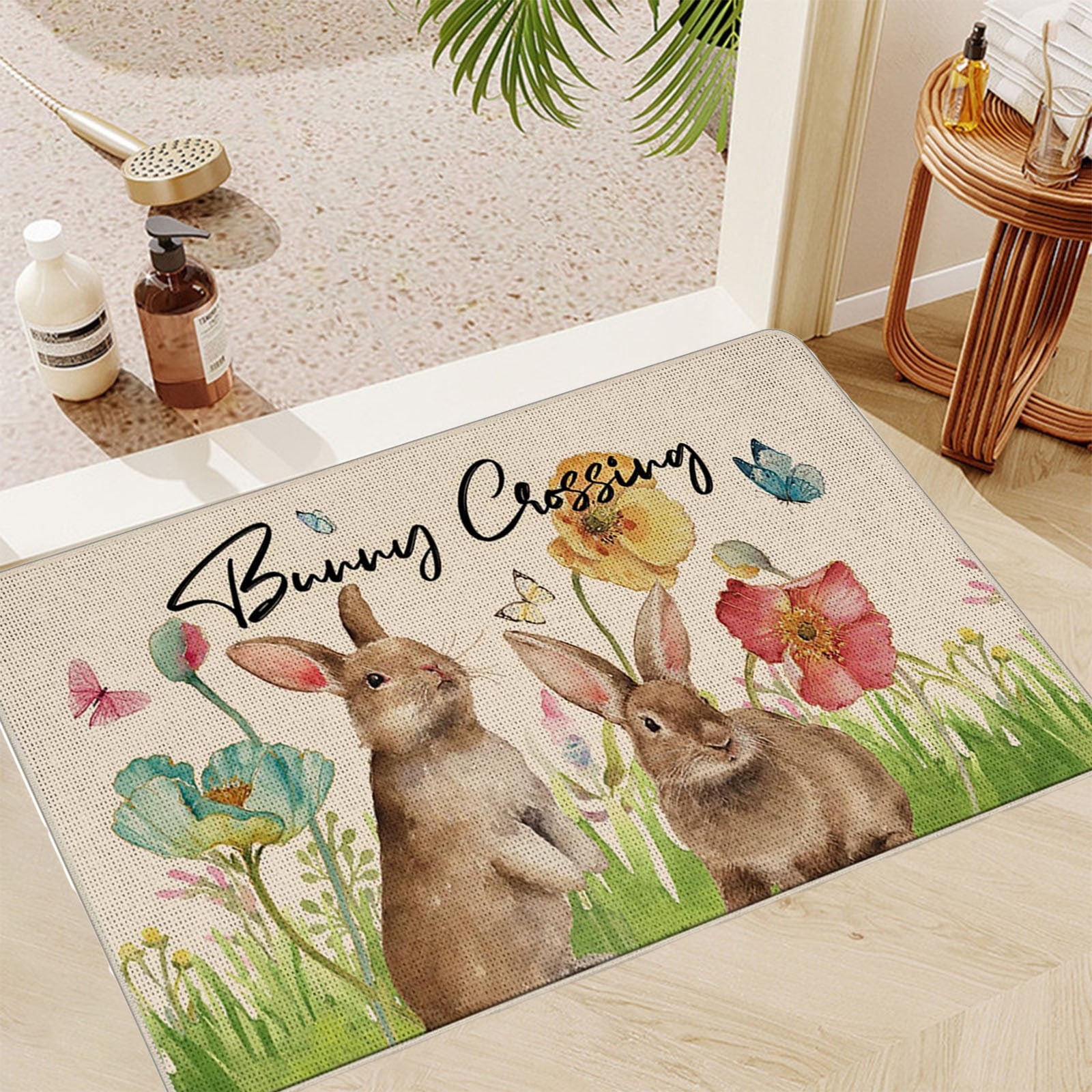 Tepsmf Happy Easter Kitchen Mats Spring Bunny Eggs Flowers Floral