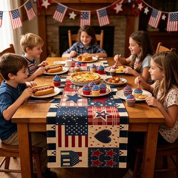 Tepsmf Independence Day Table Flag Red White Blue Star Striped Floral Print Dining Table Decoration