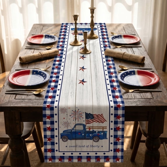 Tepsmf Independence Day Table Runner USA Flag Themed Linen Tablecloth 72 Inches for Festive Dining Table Decor