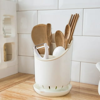 Plastic Kitchen Utensils Holder with Metal Frame Countertop Wall Mounted  Cutlery Storage Rack with Drain Tray Silverware Caddy