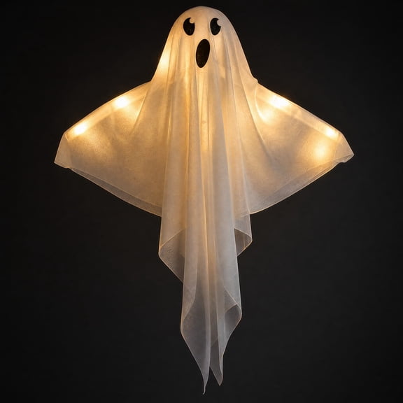 Tepsmf Light Up Hanging Ghost Decor, White Gauze Ghost Ornament for Halloween Front Door Yard Spooky Party Decorations