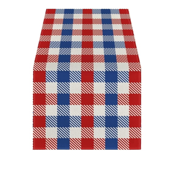 Tepsmf Patriotic Plaid Table Runner Red White Blue Checkered Polyester Runner for Independence Day Dining Table Decor and Holiday Setting