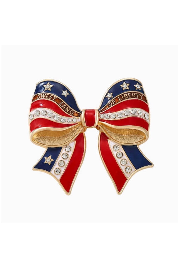US Flag Bow Brooch Pin Patriotic Rhinestone Enamel Pin for 4th of July Holiday Accessory