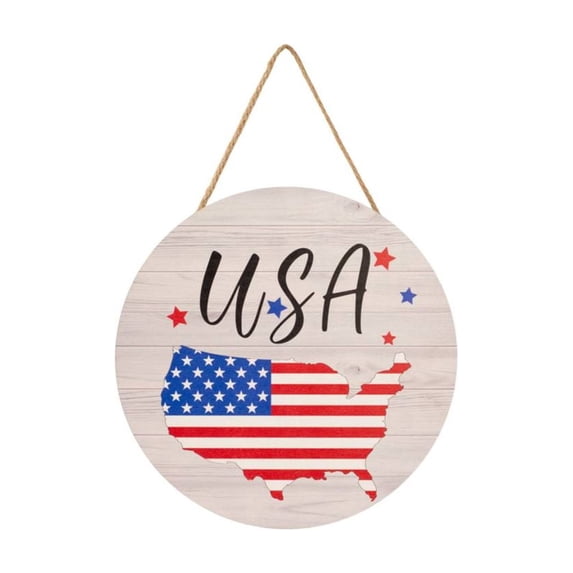 Tepsmf USA Flag Map Wooden Round Hanging Sign Patriotic Door Wall Decor For 4th Of July Independence Day Home Decoration