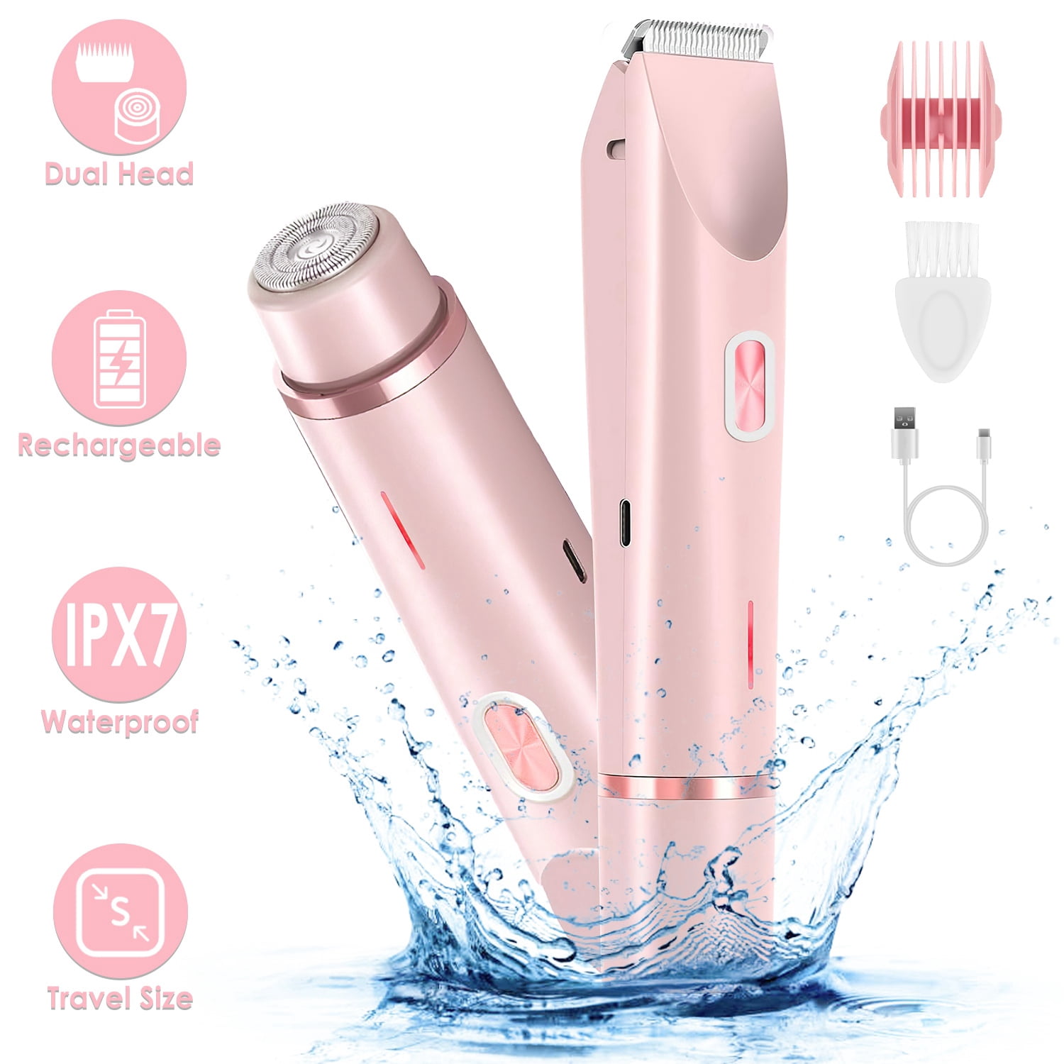 TeqHome 2-In-1 Bikini Trimmer for Women IPX7 Waterproof Electric Razors for Women Rechargeable Pubic Body Hair Trimmer Wet and Dry Use Gifts for Women Pink