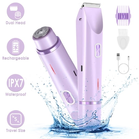 TeqHome 2-In-1 Bikini Trimmer for Women IPX7 Waterproof Electric Razors for Women Rechargeable Pubic Body Hair Trimmer Wet and Dry Use Gifts for Women Purple