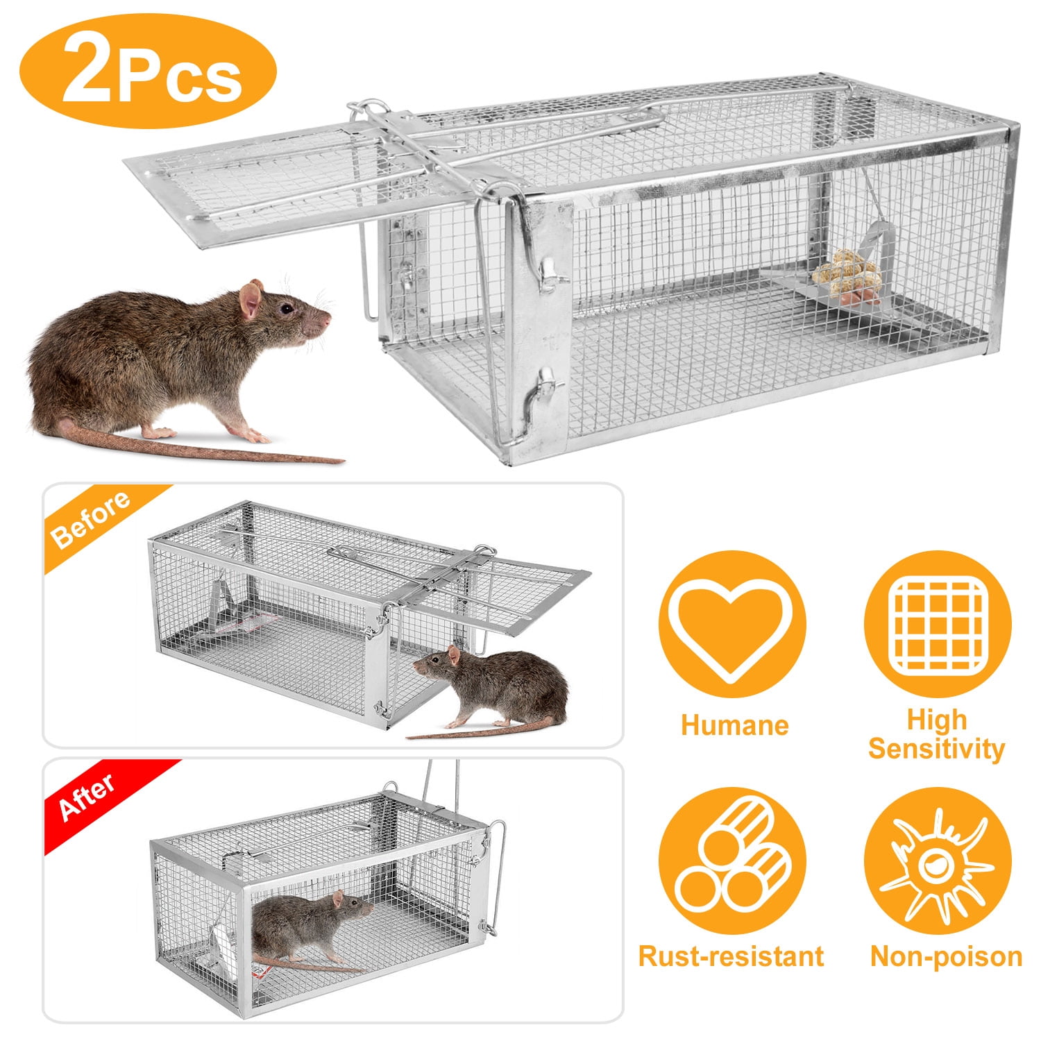 TeqHome 2 Pack Humane Rat Trap Live Animal Rodent Mouse Control Bait Catch for Indoor and Outdoor